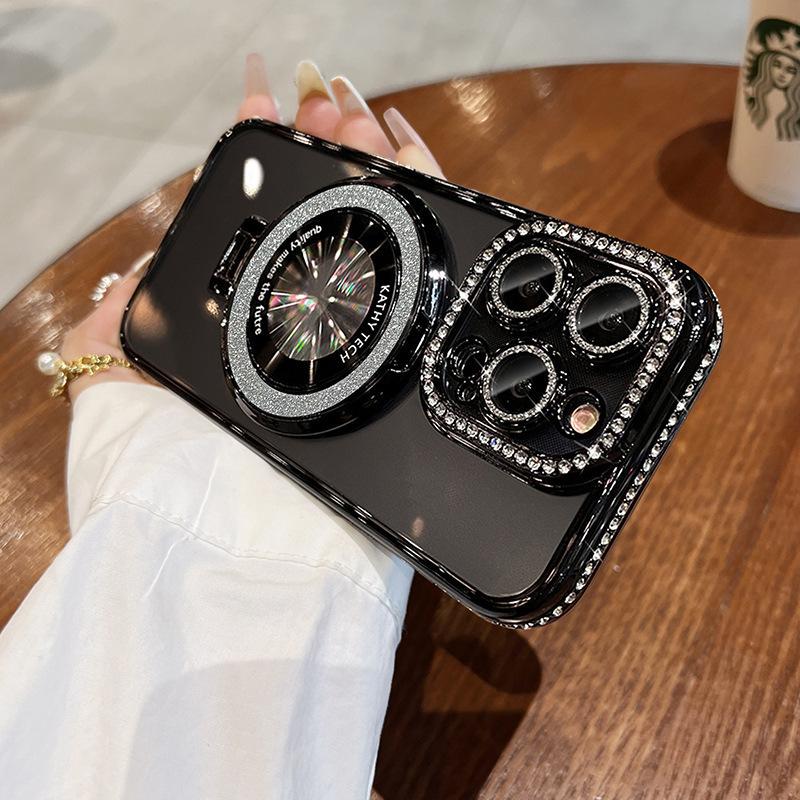 Applicable to iPhone17PRO mobile phone case, advanced sense rhinestone glitter, magnetic suction bracket, Apple 16E transparent sheath 15.
