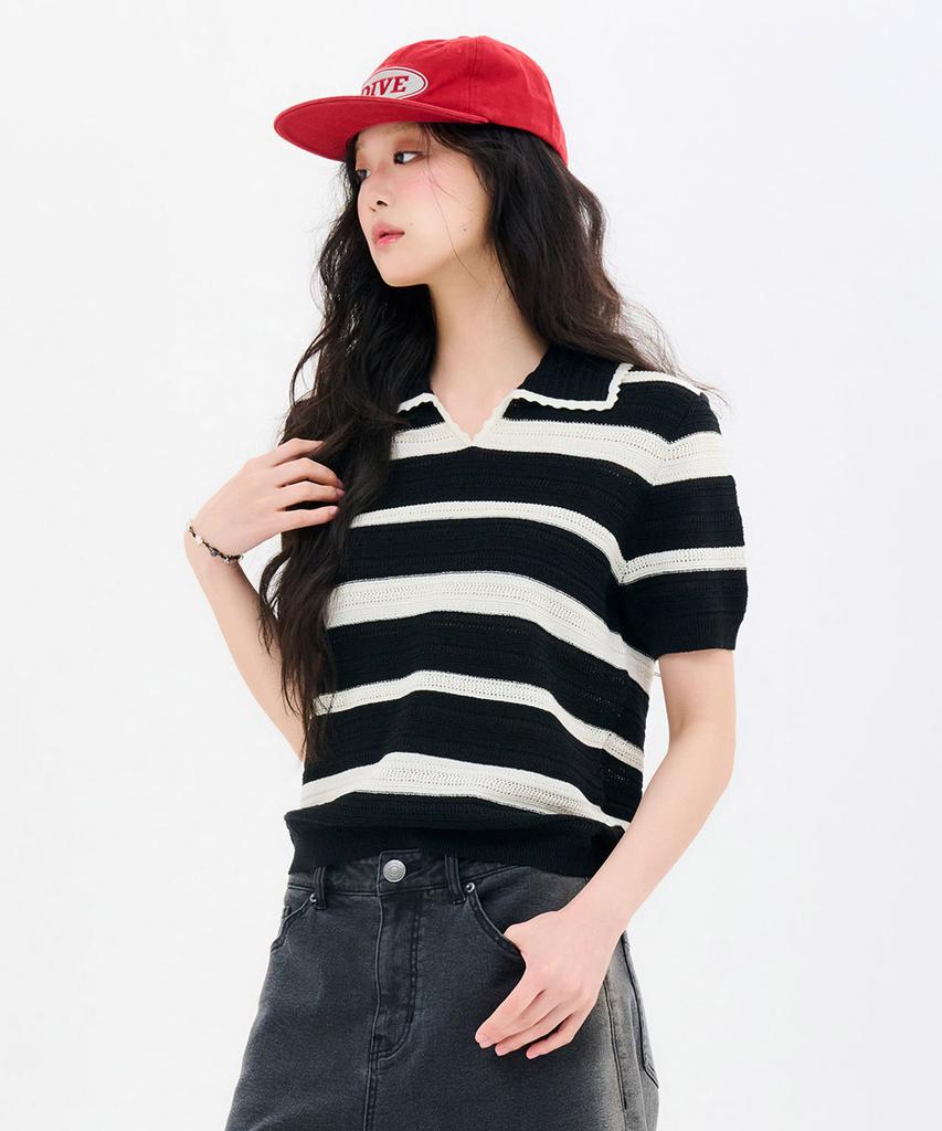 CHASECULT Women'S Striped Open Collar Short Sleeve Summer Knit-Fbrg5672D03