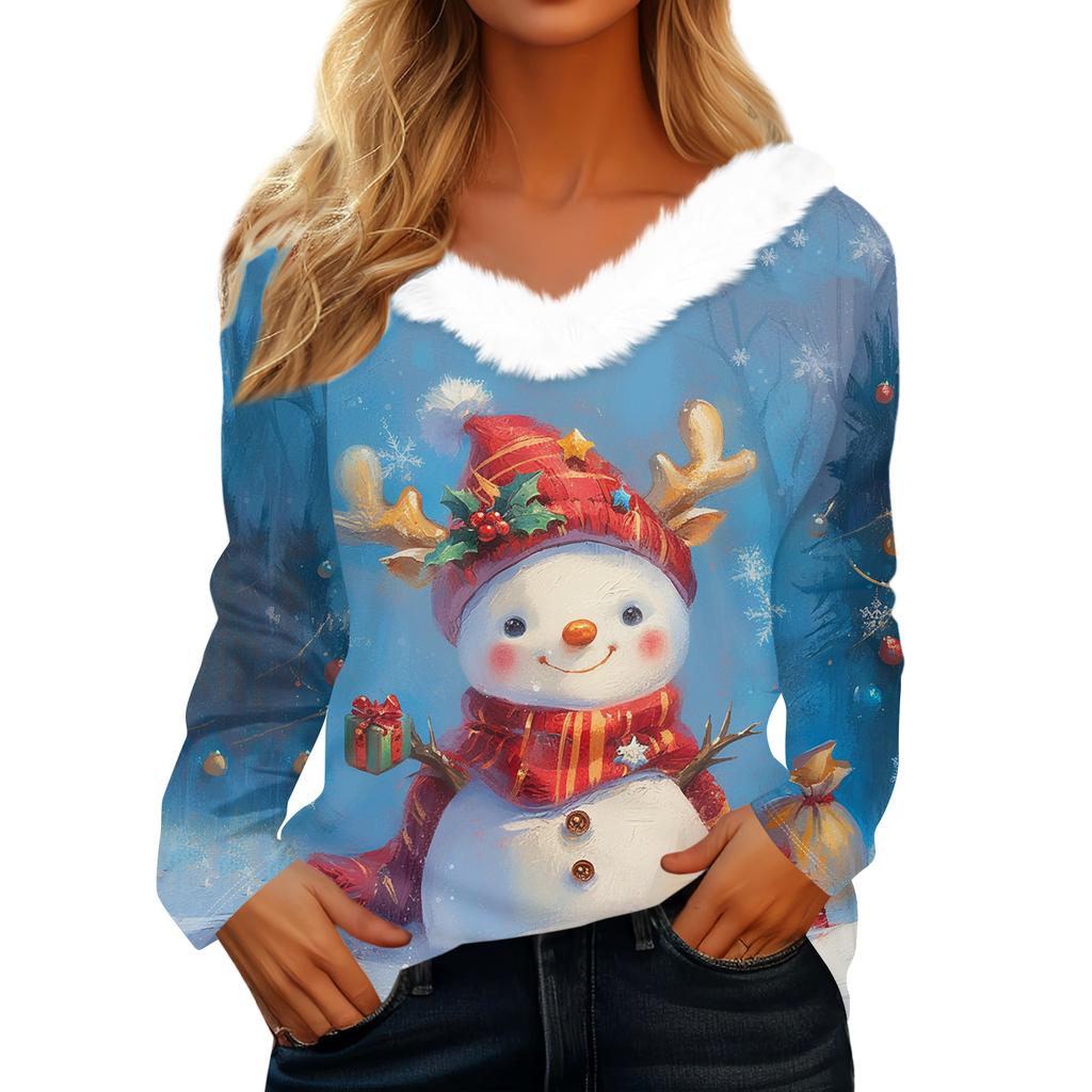 Women's Christmas Printed Long Sleeved Party Plush Neck V-neck Top