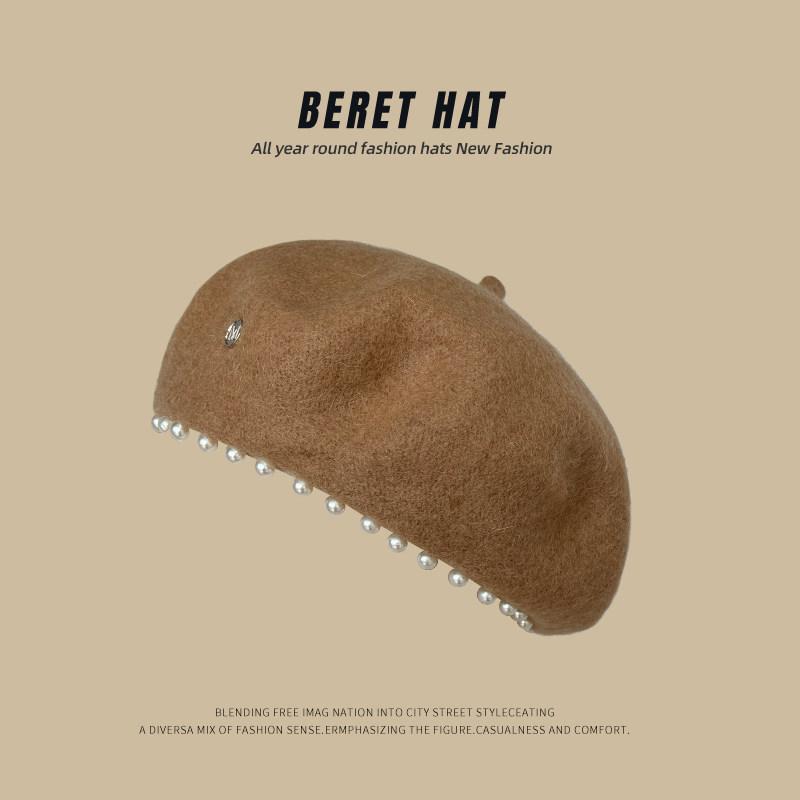 Temperament Pearl Water Diamond Beret Women's Autumn/Winter British Retro Korean Japanese Painter's Hat