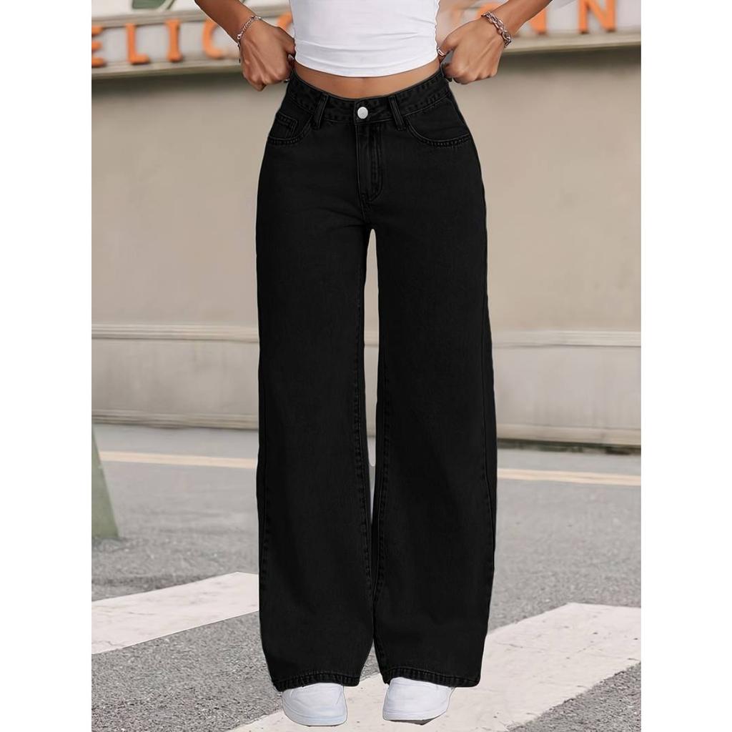 High Waisted Loose Wide Leg Pants, Hanging Floor Length Pants, Black, Straight Leg, Jeans, Women's Pants