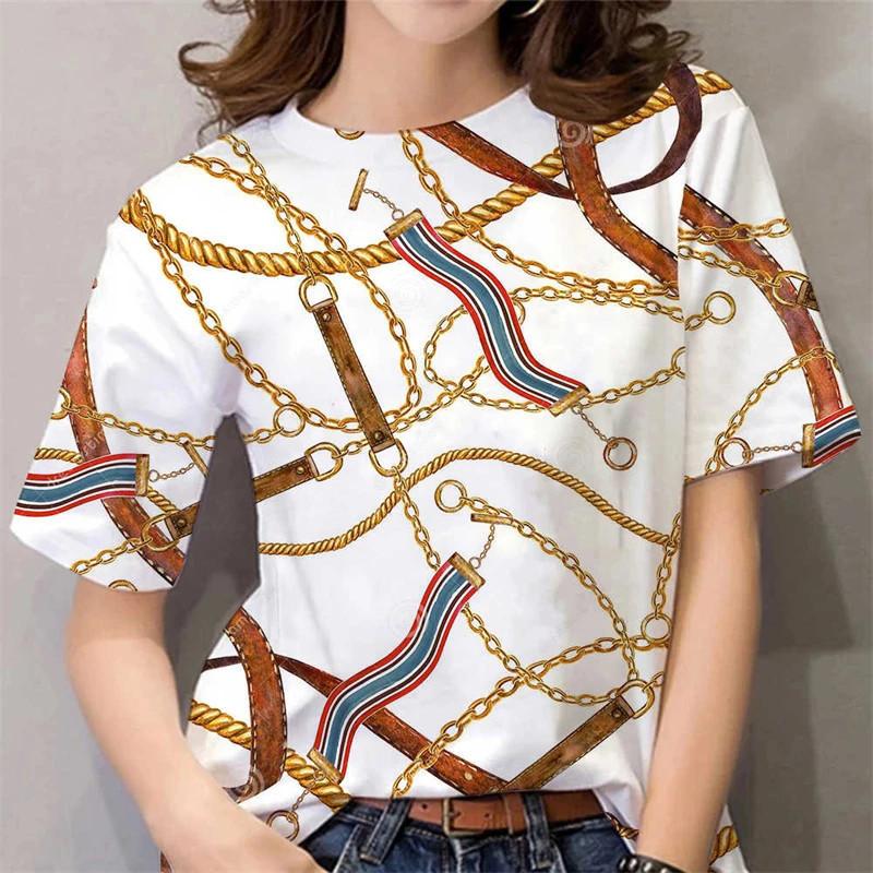 

Ladies Luxury Gold Chain Pattern Short-Sleeved Shirt Retro Oversized Baroque Top Ladies High-End T-Shirt 6XL