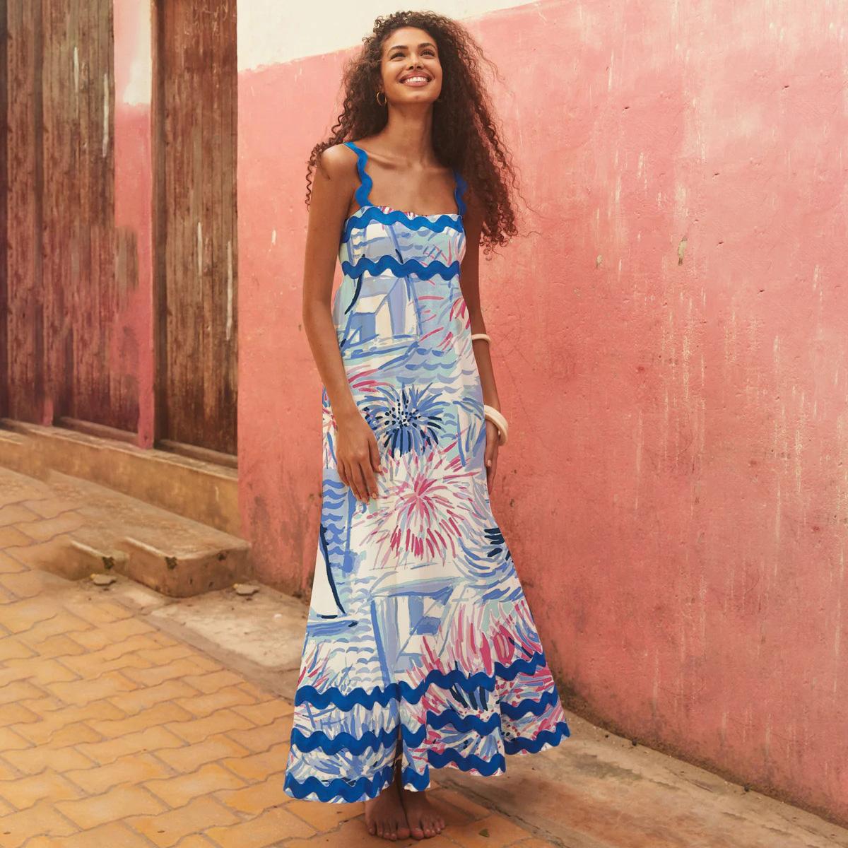 

Женское весеннее платье-комбинация без рукавов с цветочным принтом и волнистыми подтяжками, летнее повседневное платье-халат длиной до щиколотки с высокой талией, размер S-XL M