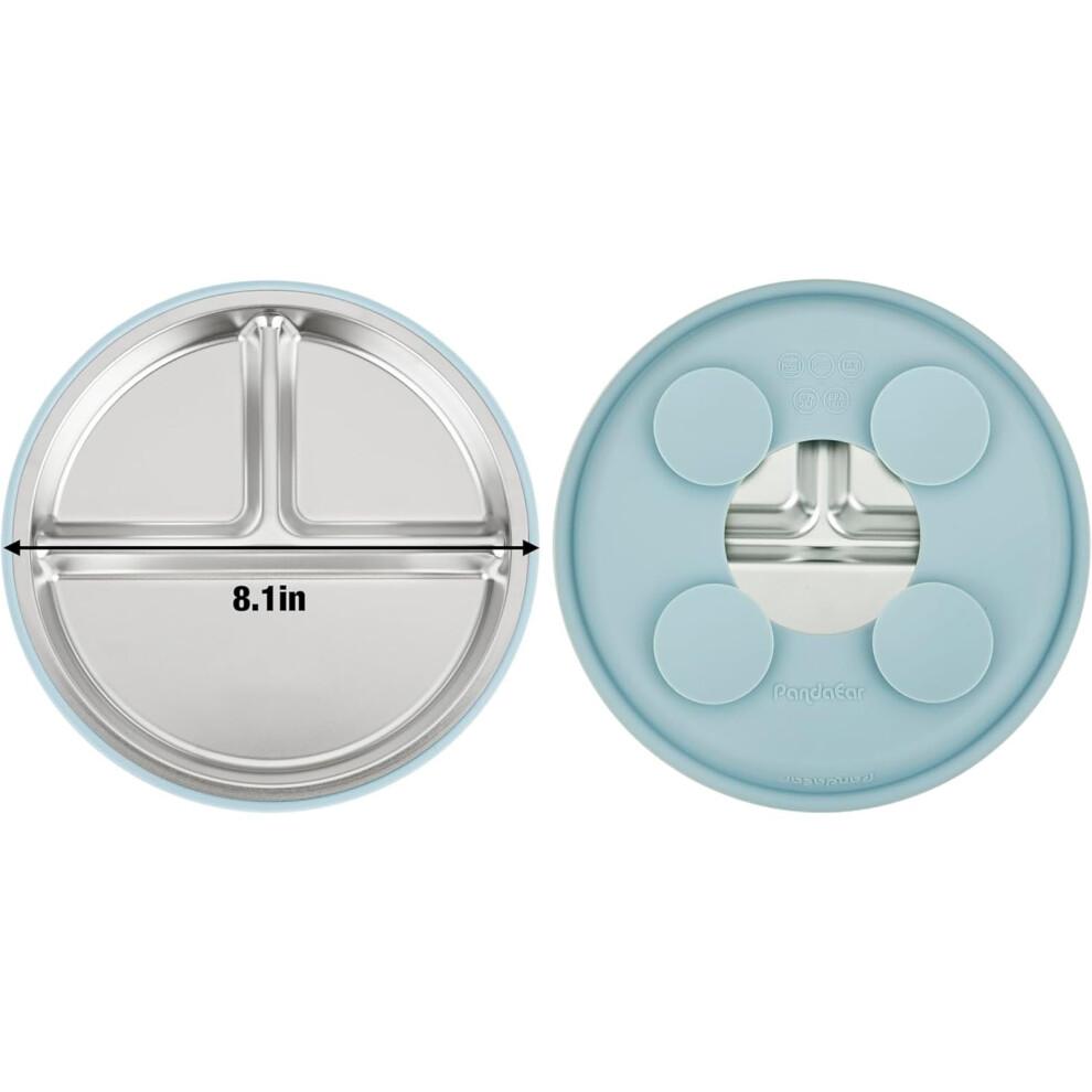 PandaEar Set da 8 Pezzi in Acciaio Inossidabile per Pappa del Bambino, 2 Piatti con Ventosa per Bambini & 2 Ciotole per Bambini Piccoli & 2 Set di Posate (Cucchiaio e Forchetta), Posate per Bambini Piccoli, Piatti Divisi