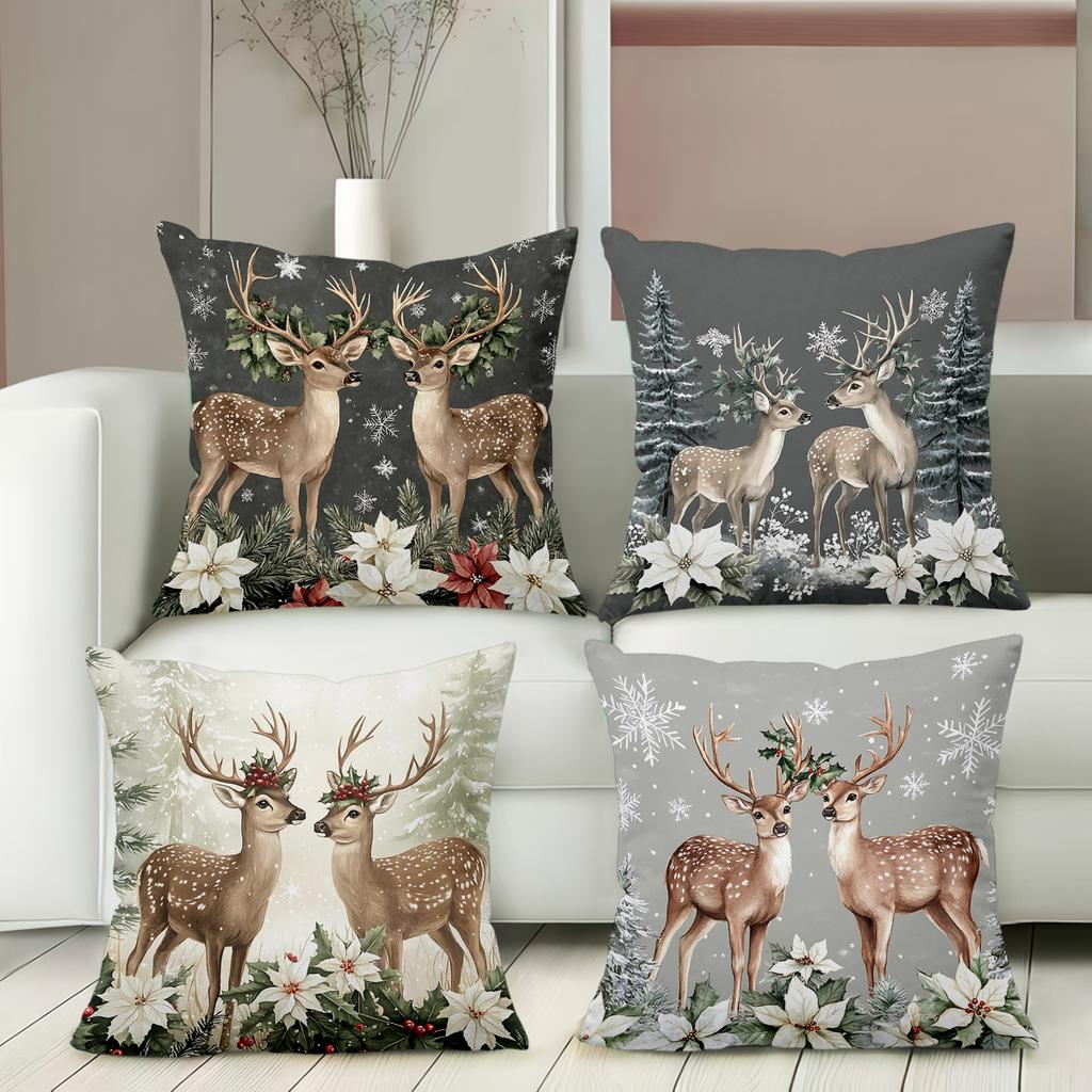 2D Flat Printing Christmas Deer Pillows With Snowflake And Flowers Polyester Pillowcase, Sofa Decorative Cushion Cov