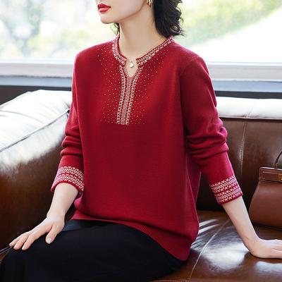 Herbst Roter Strickpullover für ältere Frauen Gemütlich Warm Mittelalterliche Mutter Kleidung