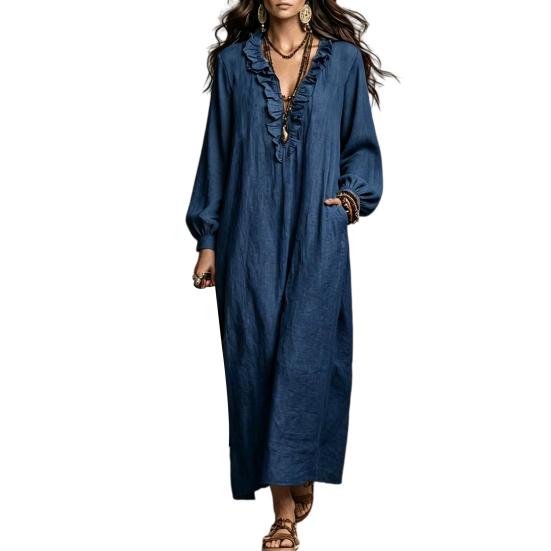 Effen Kleur Jurken Dames Ruches V-hals Lange Jurk, Losse Pasvorm Casual Midi Halslijn Mouwen Jurk voor Lente Herfst