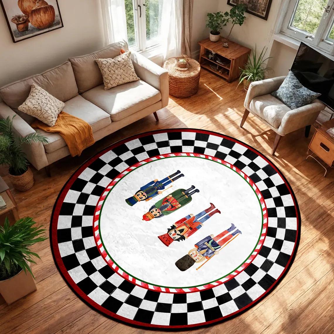 

Nutcracker Character Round Rug Checker Border Holiday Circle Carpet Xmas Round Area Rug Colorful Festive Christmas Round Mat 80x80cm