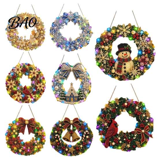 Seasonal Holiday Crafting Set Christmas Diamond Painting Wreath Kit with LED String Lights, Snowman Pearl Art Shiny Acrylic Craft for Adults,
