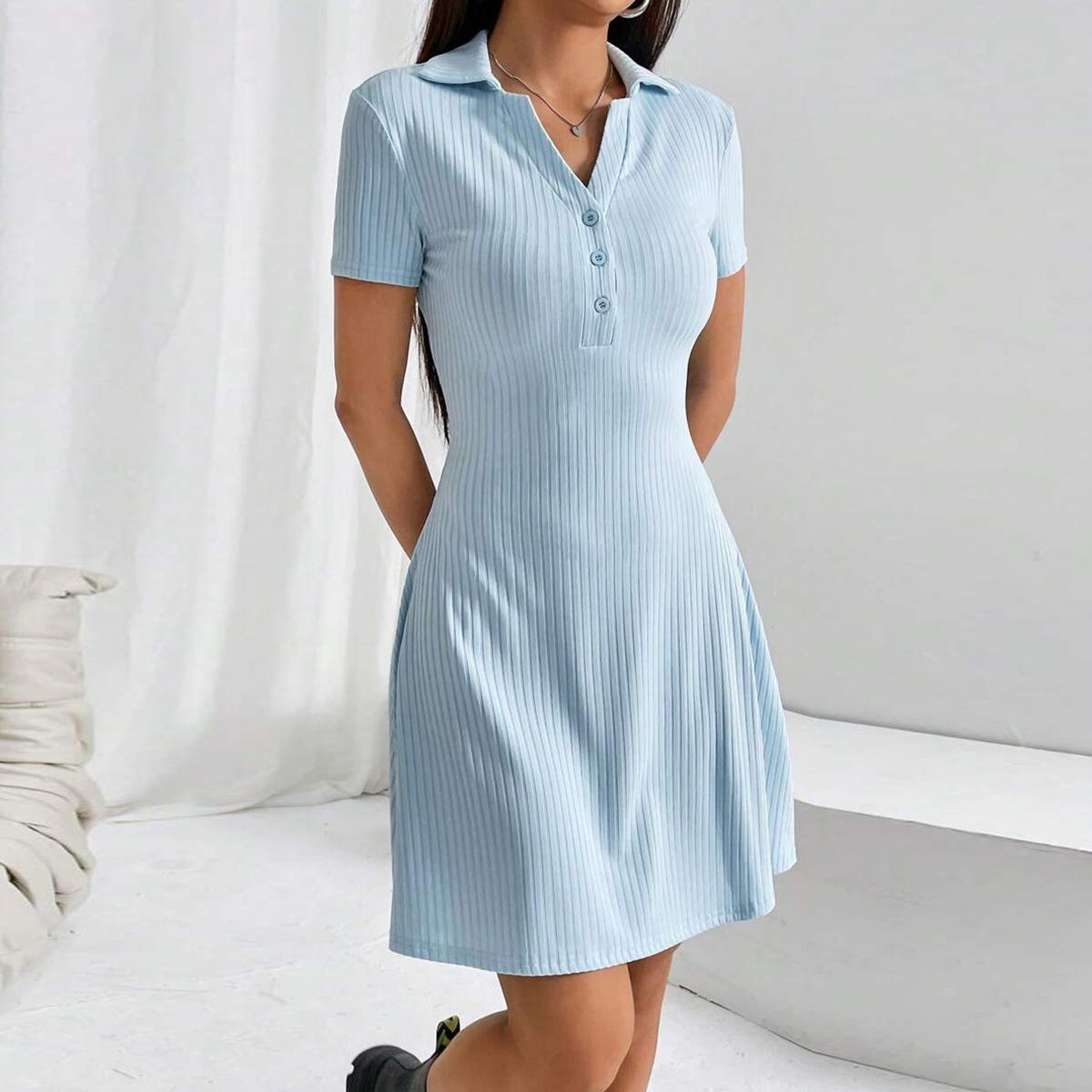 

Summer New Polo Collar Women s Dress Casual Slim Solid Sweet Preppy Style Bodycon Short Skirt Fashionable Elegant A-line Dresses S