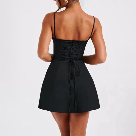 Dámské sexy šaty na ramínka bez rukávů s odhalenými zády koktejlové párty šaty jednobarevné šněrovací na ramínka délka nad koleno