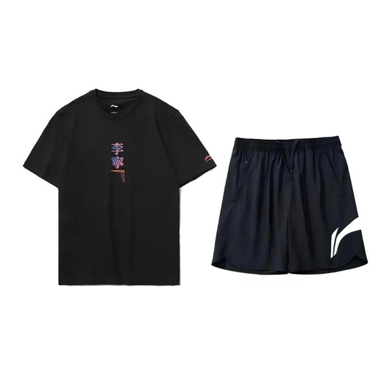 

Li Ning Тематический принт Модный Дышащий Пуловер с круглым вырезом Футболка с коротким рукавом Повседневный Спортивный Комплект Унисекс Топы AHSU971-1+YKSV197-2 L