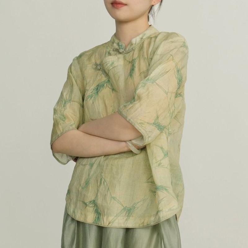 Johnature Women Vintage Stand Shirts Tops Half Sleeve Print Floral Blouses Spring Women Chinese Style Shirts