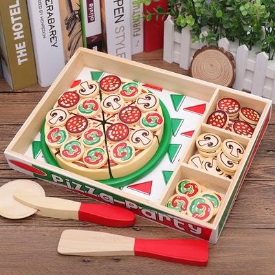 Dziecięca kuchnia do gotowania, domek do zabawy, zabawki symulacyjne, drewniane symulowane warzywa, grzyby shiitake, pizza do krojenia, muzyka