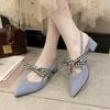 Fashion Women's Pointed Toe Sandals Summer High Heels Shoes Suede Fabric Vacation Beach Shoes Square Heel Bow Women's Shoes