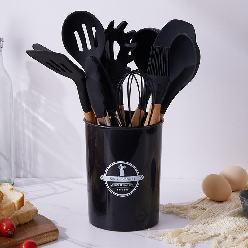 Food Grade Silicone Kitchenware 12 Piece Set High Temperature Resistant Wooden Handle Set With Storage Tube Kitchen Tools