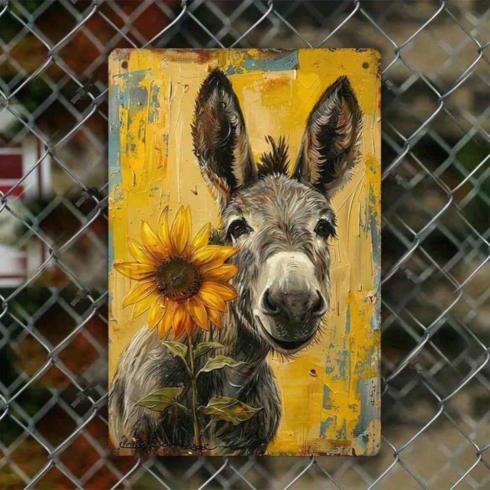 Décoration murale en métal style ferme vintage, motif âne et tournesol, idéale pour le jardin, le salon ou la véranda.
