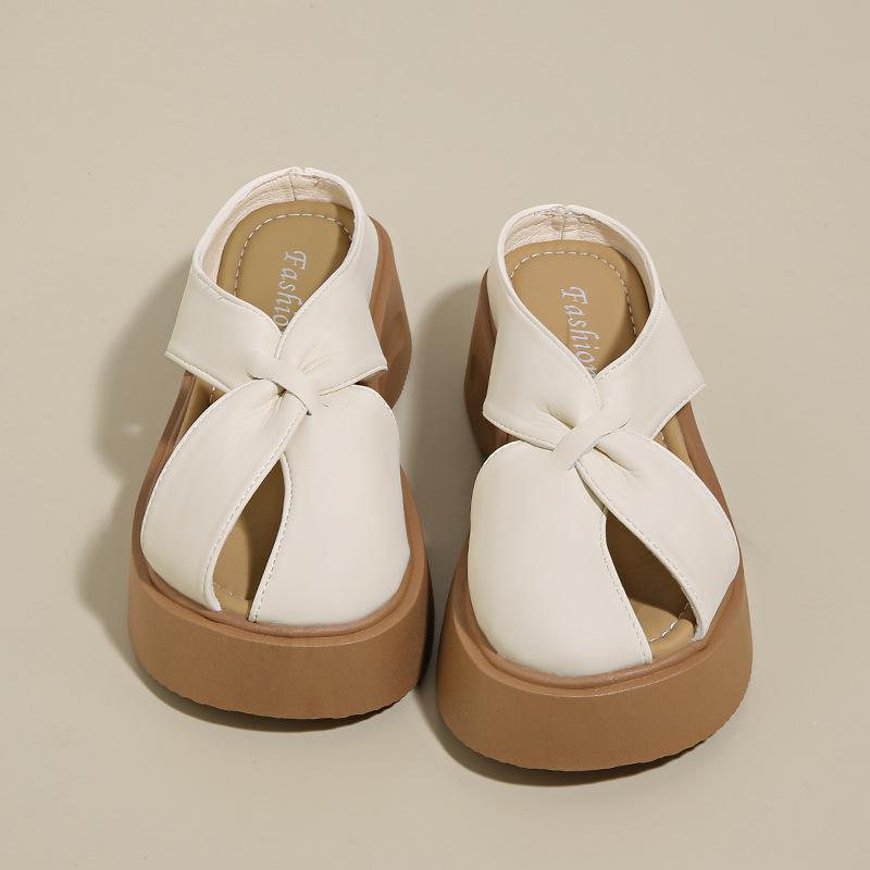 Baotou Hollow Slope Heel Half-drag Sandals Women's Outer Wear 2025 Summer New Temperament Flat Bottom One-word Cool Slippers