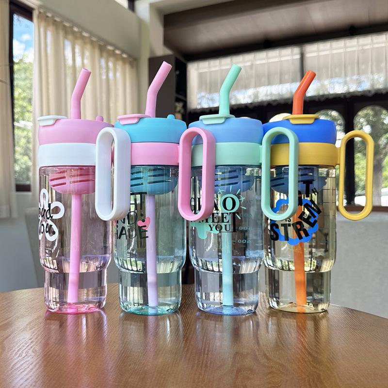 Water bottle summer giant water cup new large capacity fresh kettle high value simple male and female students double drink with straw