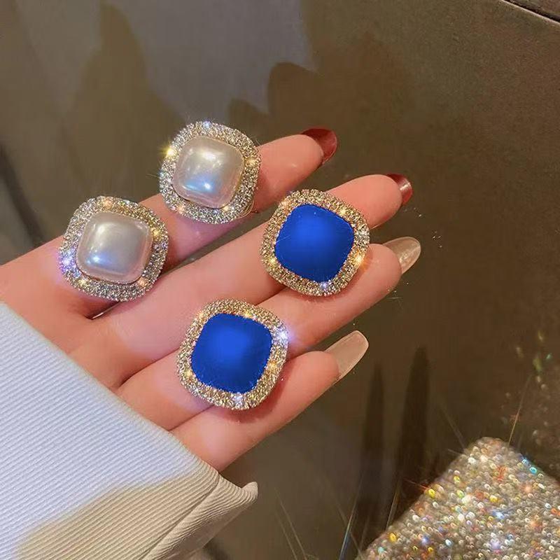 Noblewoman Double-Layer Rhinestone Square Diamond Stud Earrings - 2025 Autumn/Winter Collection