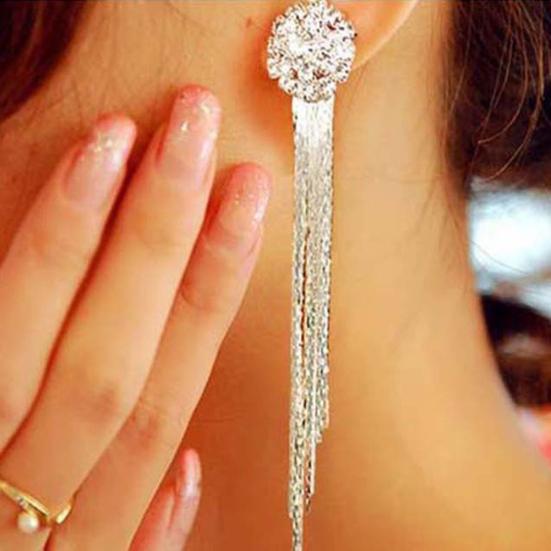 Women Shiny Rhinestone Long Tassel Dangle Stud Earrings Fashion Bride Jewelry