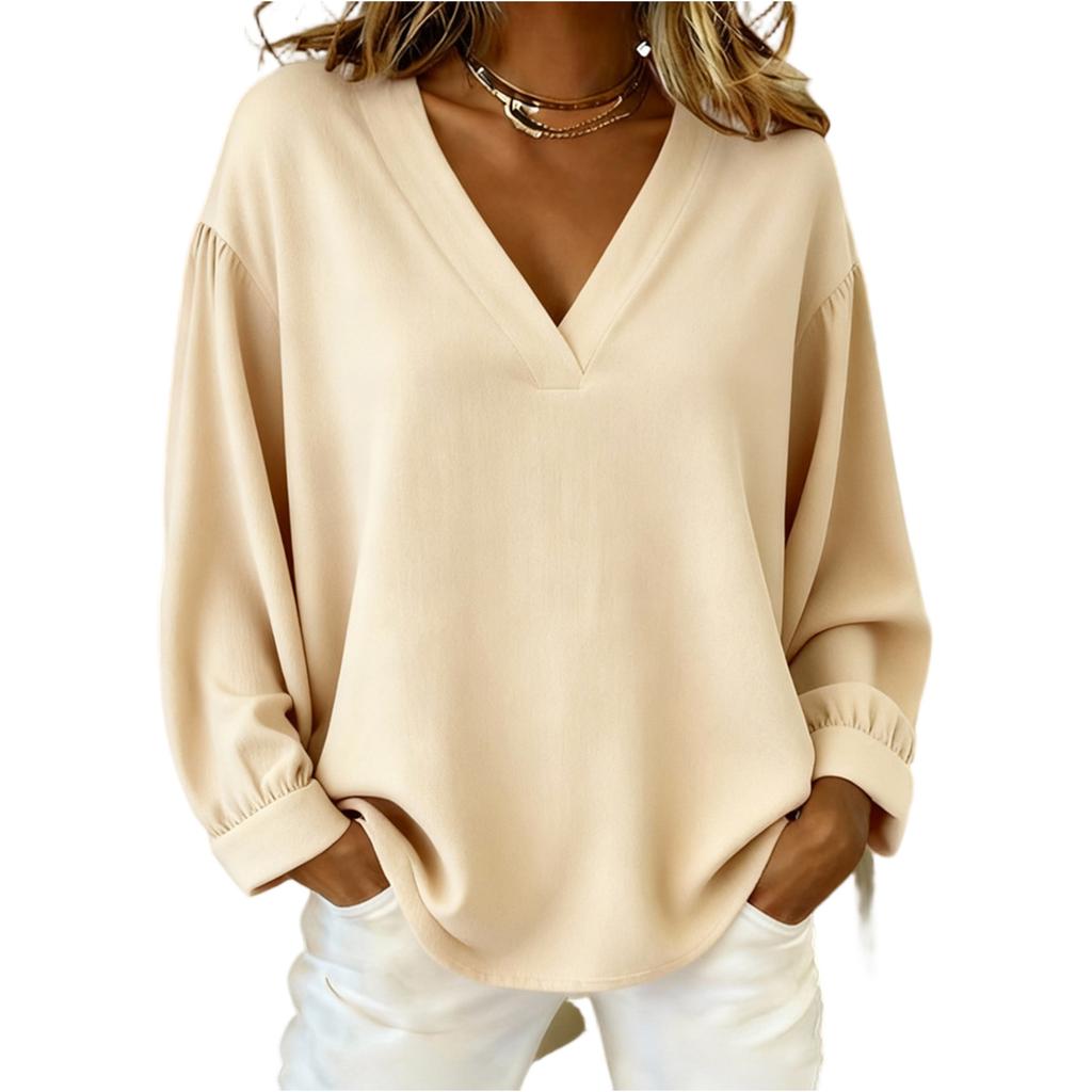 Women's Fashionable Casual Oversized V,Neck Long,Sleeve Pullover T,Shirt Top