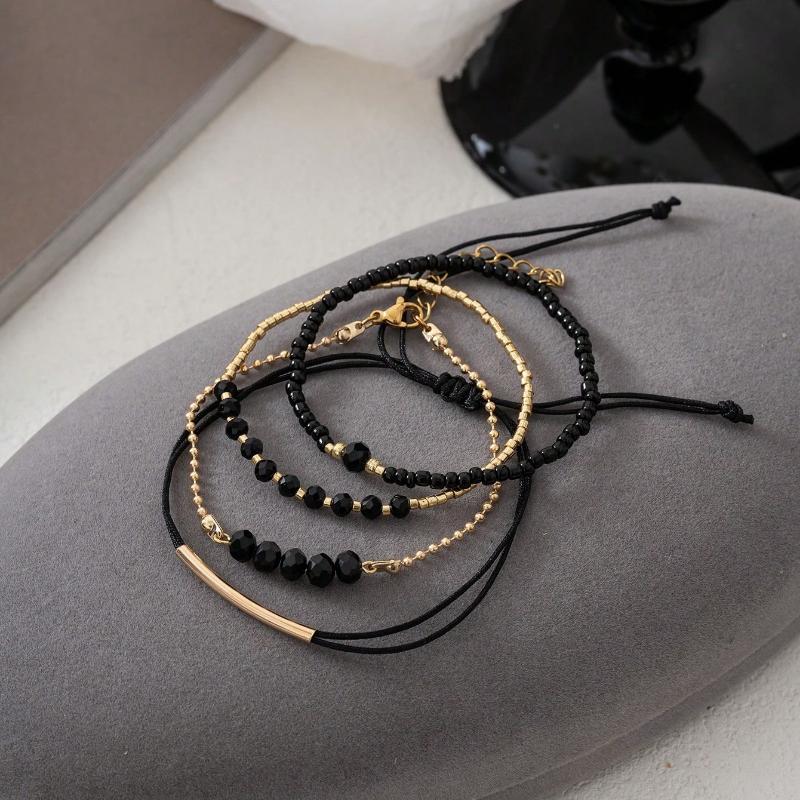 4pcs Black Crystal Handmade Fashion Bracelet Set For Women, Vacation Party Jewelry Festival Gift