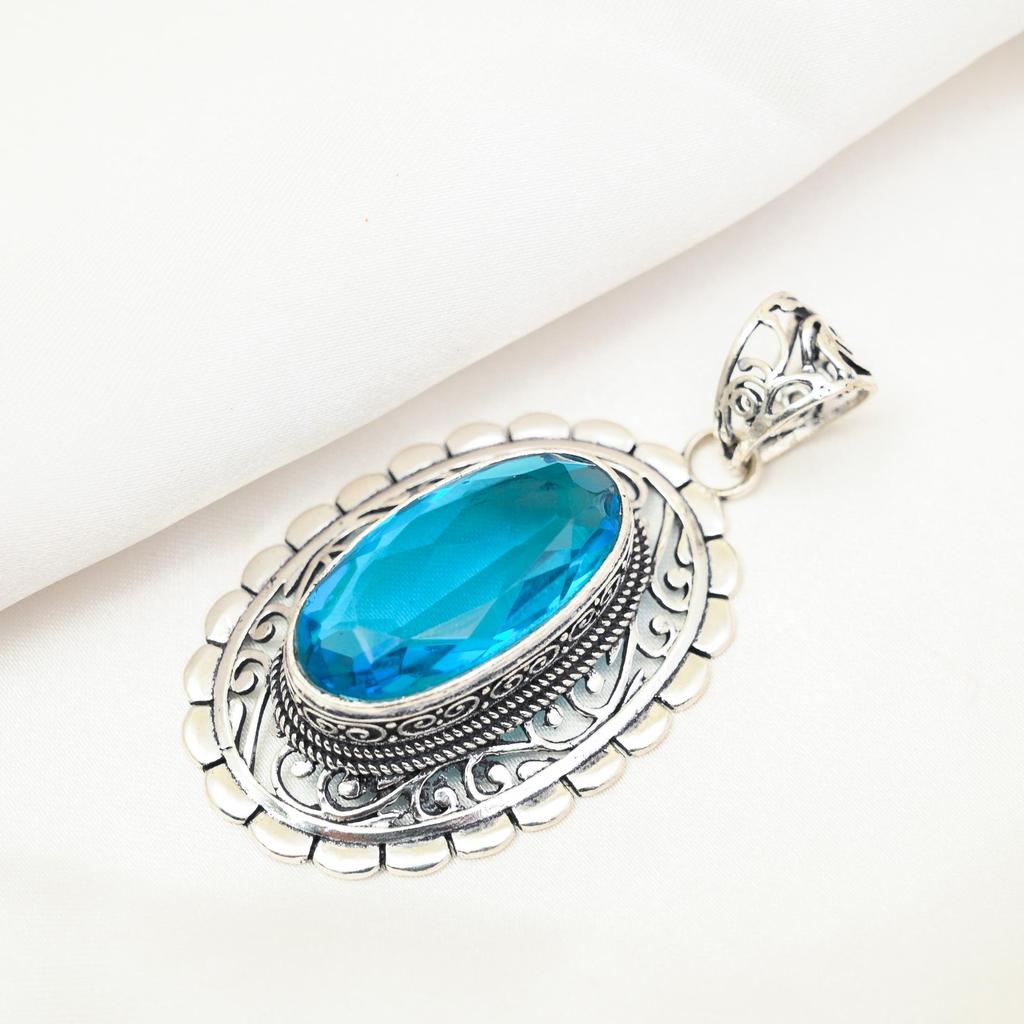 Blauer Topas Anhänger, 925 Sterling Silber Edelstein Schmuck, handgefertigter Anhänger, für Thanksgiving