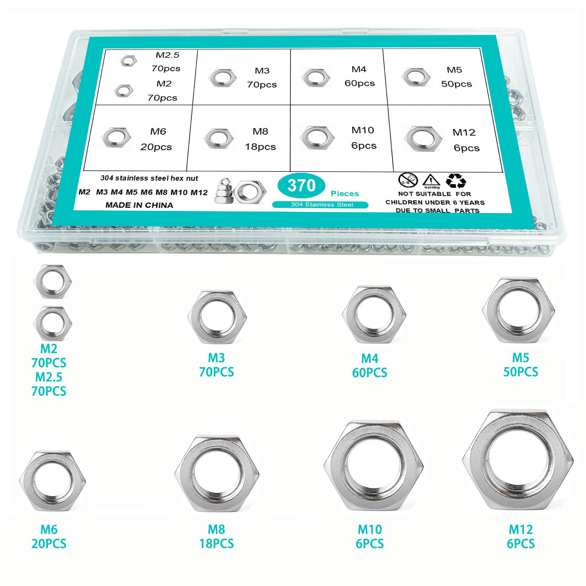 

Набор шестигранных гаек 370 шт. гайки из нержавеющей стали 304 в коробке M2M3M4M5M6-M12 370pcs