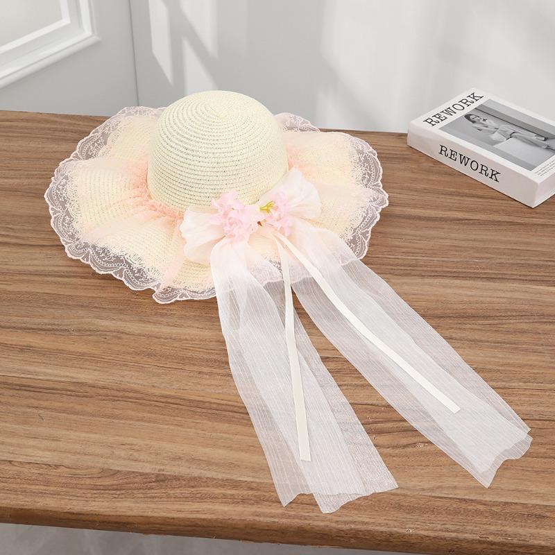 Summer Bow Sun Hat Female, Seaside Beach Vacation Sun Hat Outdoor Big Brim Sun Hat Sweet Straw Hat