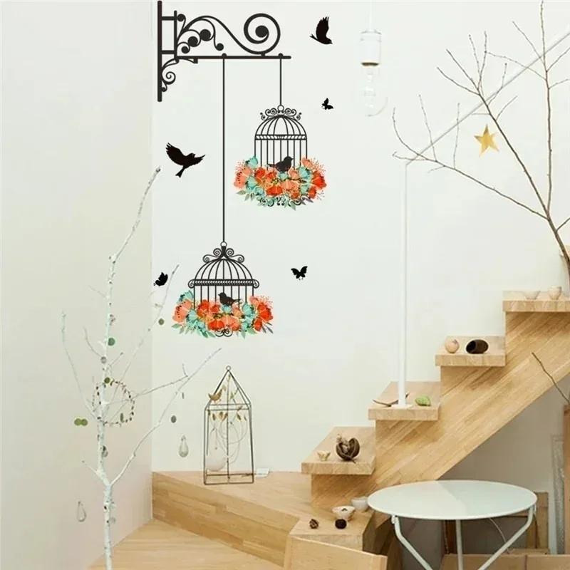Colorful Flower Birdcage Wall Sticker Decals Flying Birds Plants Adhesive Living Room Wallpaper Bedroom Nursery Window Decor