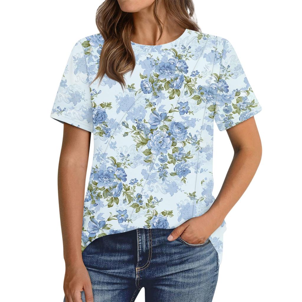 Women's Fashion Casual Floral Print Pullover Short Sleeve Top