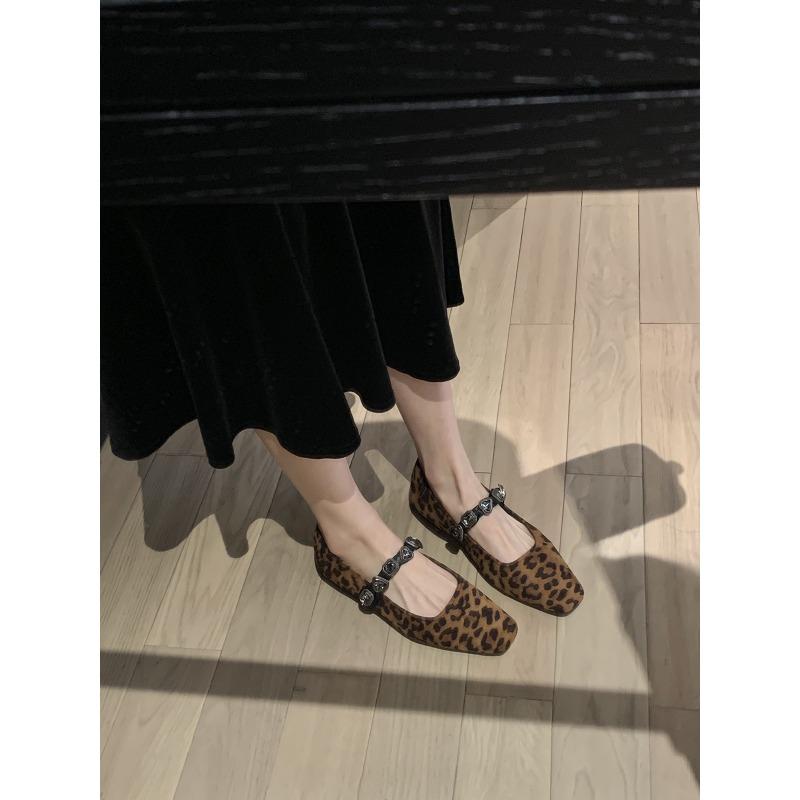 Sheepskin version temperament small square head love diamond belt shallow mouth Mary Jane shoes women's leopard print flat sole shoes