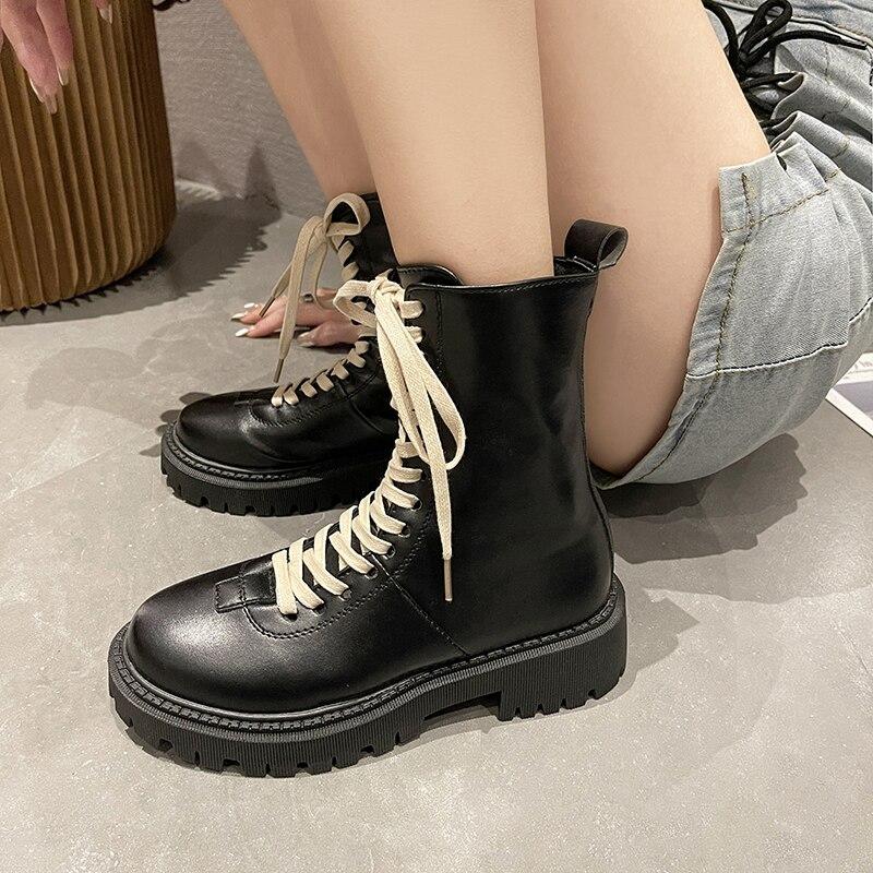 Autumn Winter Boots Round Toe Med Heel Boots Women ' ;S Shoes Women Booties Ladies Luxury Designer Goth Black Leather Platform