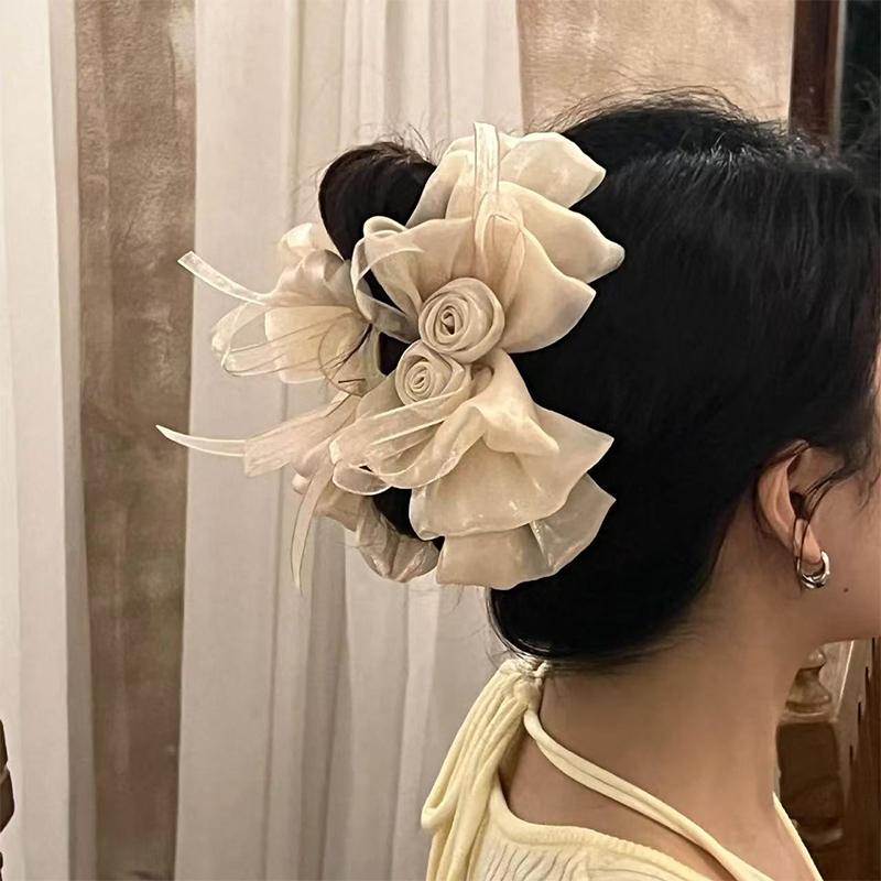 Sweet  Rose Bow Hair Clip For Women Girls Mesh Gentle Elegant Shark Clip Temperament Versatile Hair Accessories Gifts