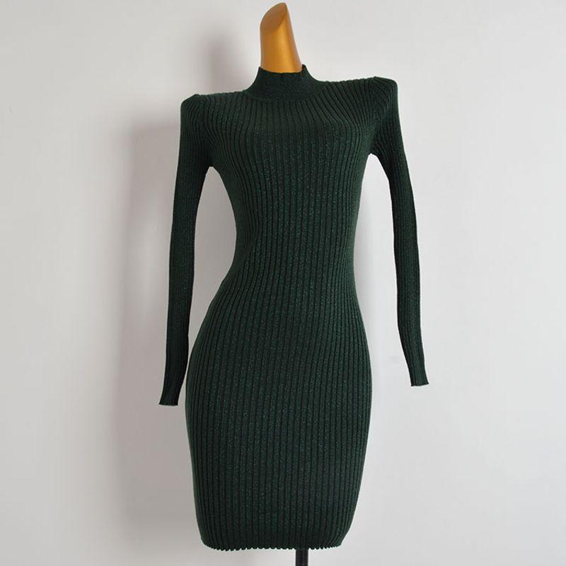 

Fashion Style Half-High Collar Long Sleeves Knitting Dress Women s Clothing Silm Slim Looking Mid Length Long Length Bodycon Dress Figure Color All yards