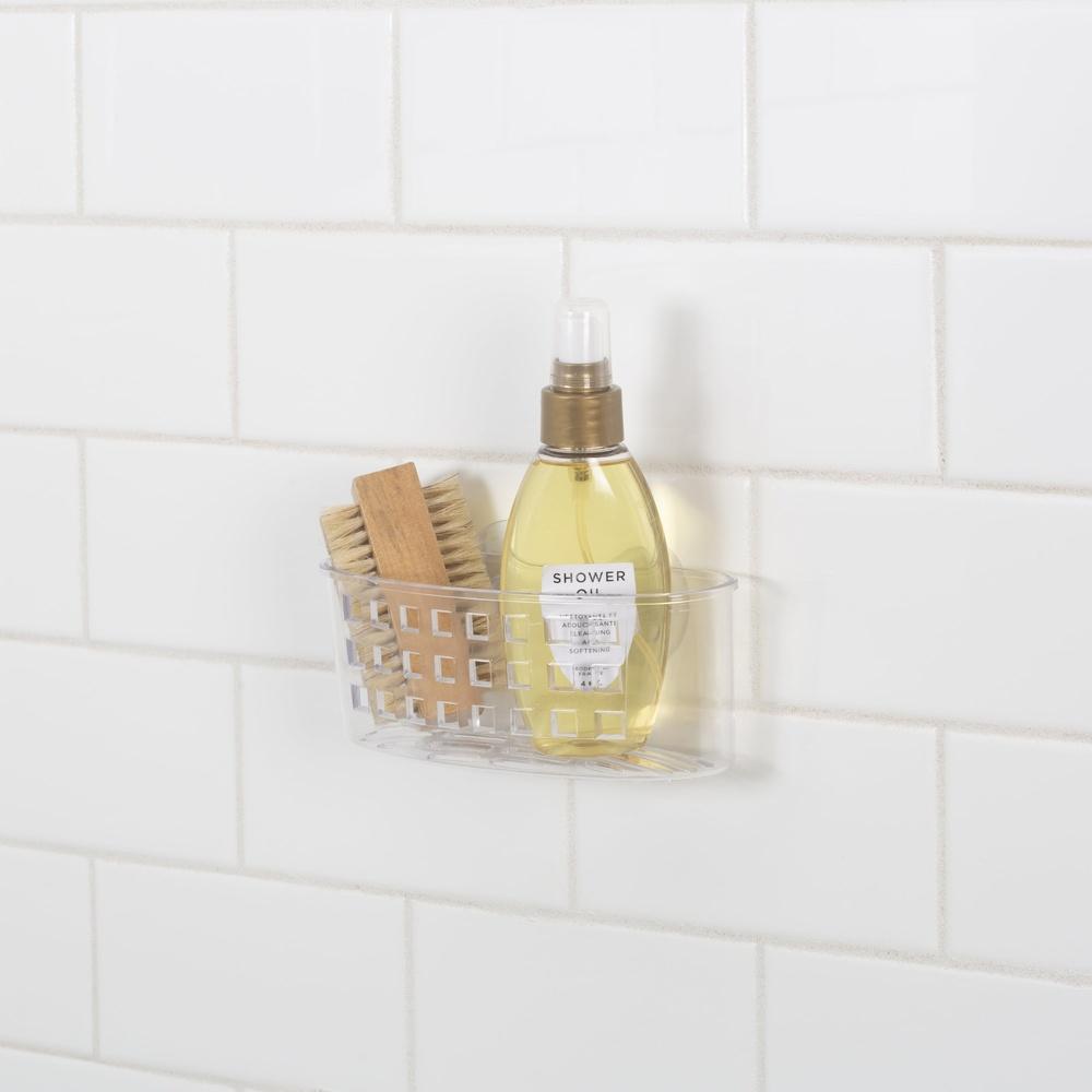 Medium Suction Cup Shower Organizer Clear Plastic Bathroom Basket Self-Draining Holds Razor Soap Easy Install Rust Resistant