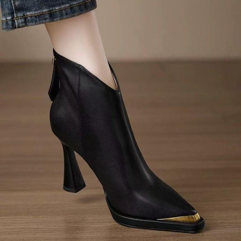 Fashion 2025 Versatile French Metal Pointed Toe Booties Women's Fall/Winter New High Heel Block Heel Skinny Boots