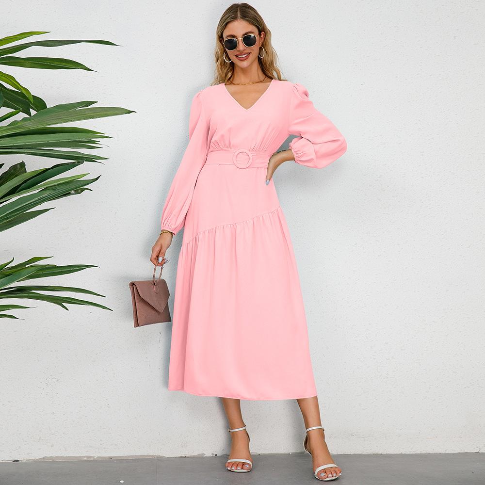 

HNXC женская мода лето весна однотонный принт с длинным рукавом и v-образным вырезом с высокой талией повседневные платья S розовый