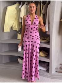 Holiday style backless neck pleated long polka dot dress polka dot lace-up dress summer S