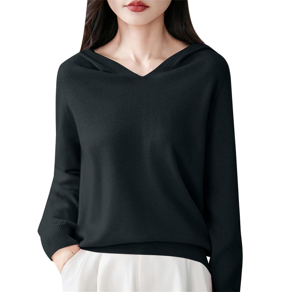 Women's Fashion Long-Sleeved -Colour V-Neck Hooded Knitted Sweater Warm Sweatshirt Knitwear