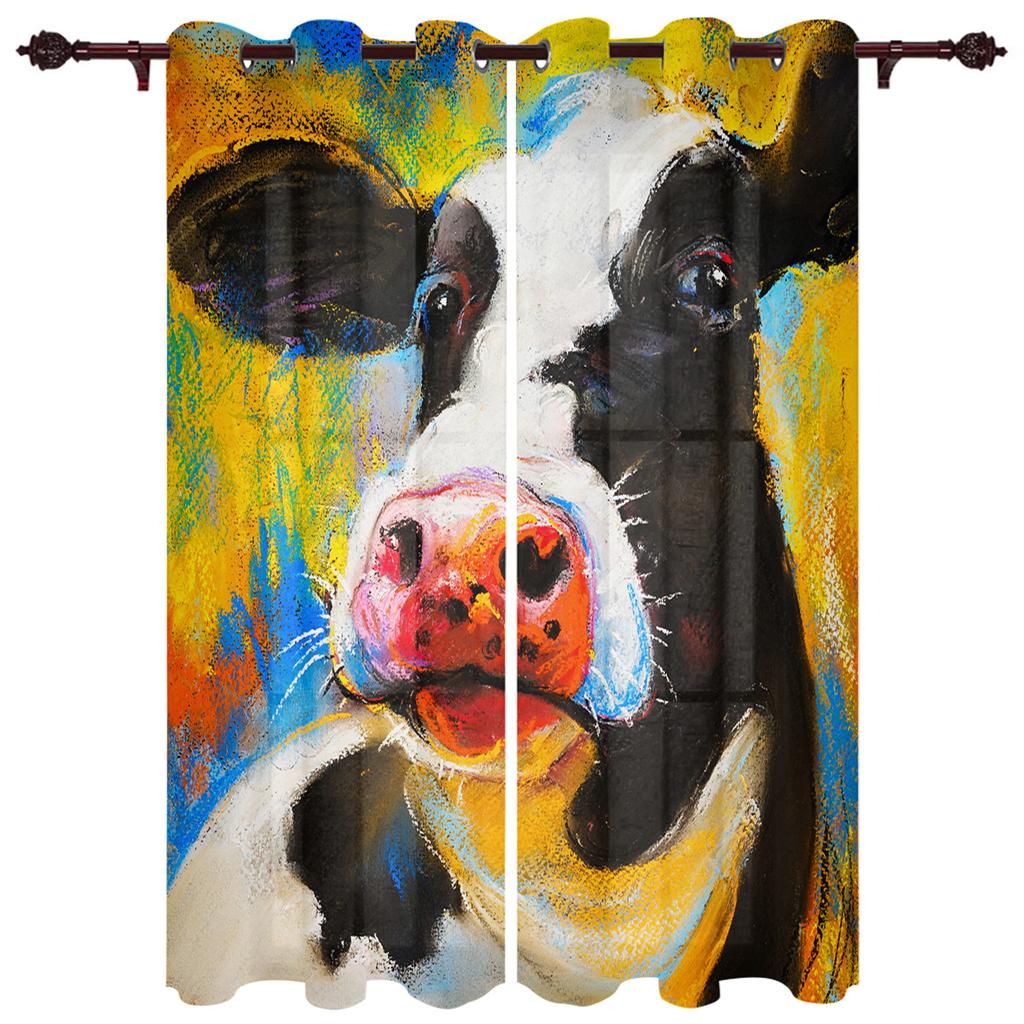 Animal Cow Color Oil Painting Window Curtains Bedroom Kitchen Drapes Panel Curtains for Living Room Christmas Home Decor