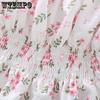 WTEMPO Little Fresh Flower Printed Off Shoulder Shirts Women's Summer Slim Sweet Stringy Selvedge Cropped Tops