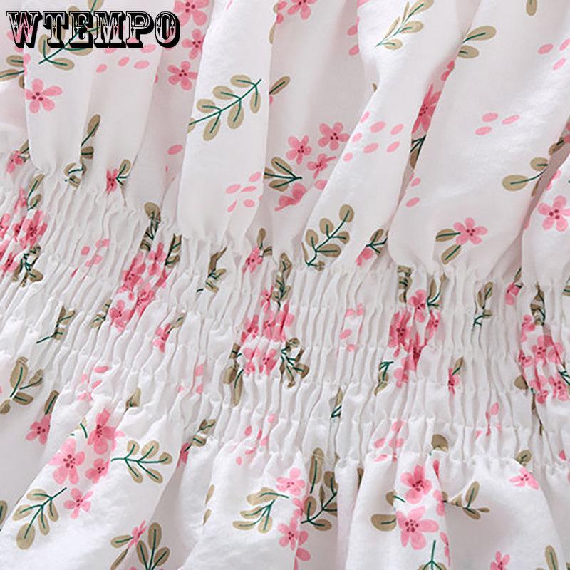 WTEMPO Little Fresh Flower Printed Off Shoulder Shirts Women's Summer Slim Sweet Stringy Selvedge Cropped Tops