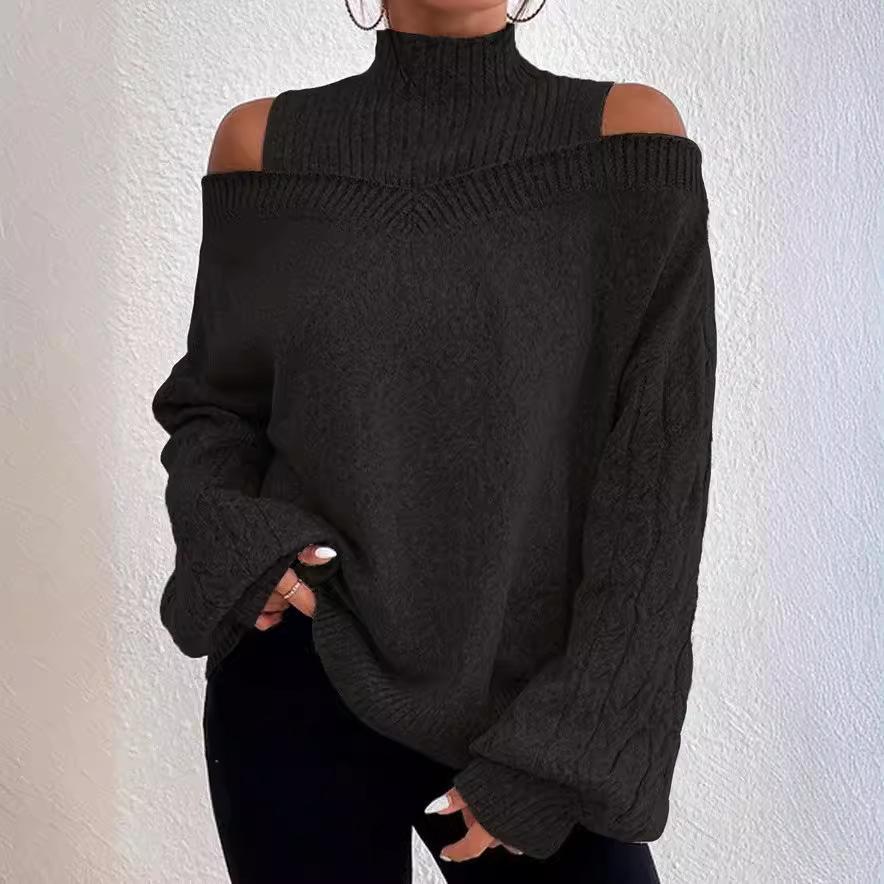 Off-the-shoulder Sweater Pullover for Autumn and Winter, New Loose Semi-high Neck Lantern Sleeve Knitted Sweater for Women