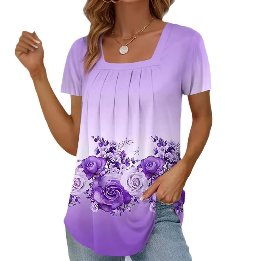 Floral Pattern Polyester Short Sleeve T Shirt For Casual Women Spring