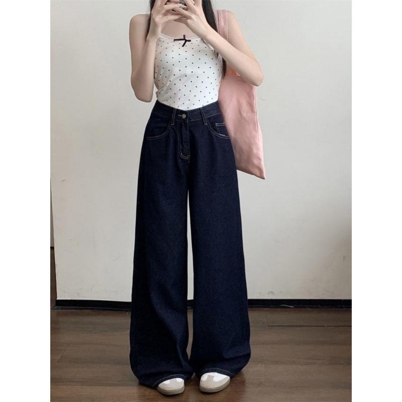 Hong Kong Retro Dark Blue High-Waisted Wide-Leg Jeans for Women - Summer Floor-Length Slimming Style