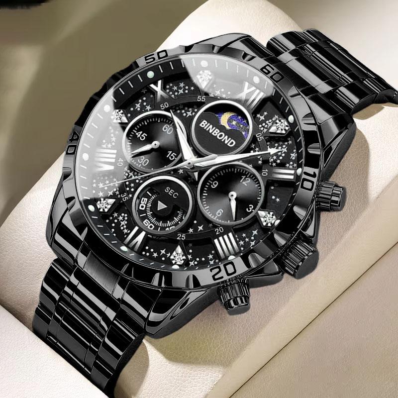 BINBOND Luxury Fashion Men Watches Multi-functional Stainless Steel Original Quartz Wristwatch Moon Phase Chronograph Waterproof