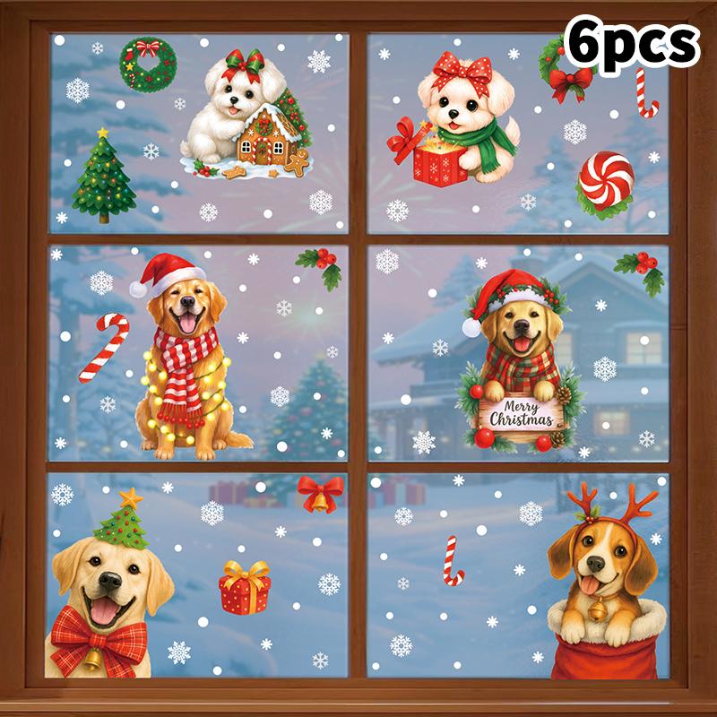 2/4/6/7/8/9Pcs Christmas Decorations Gift Box Static Stickers Shopping Mall Window Decoration Wreath Puppy Glass Stickers