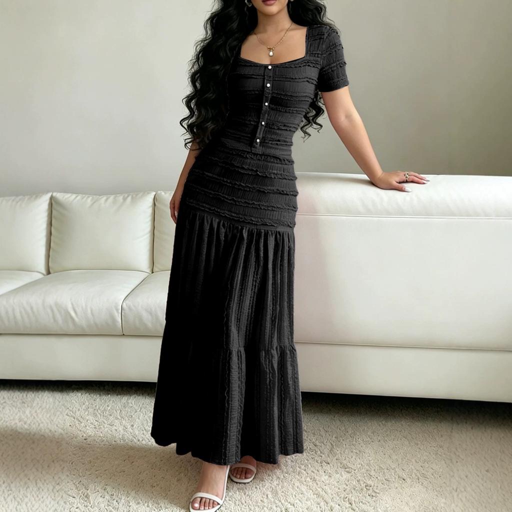 Damen Quadratischer Ausschnitt Kurze Ärmel Maxikleid Lässig Raffung Knopfleiste Vorne Stufenkleid Einfarbig Partykleid